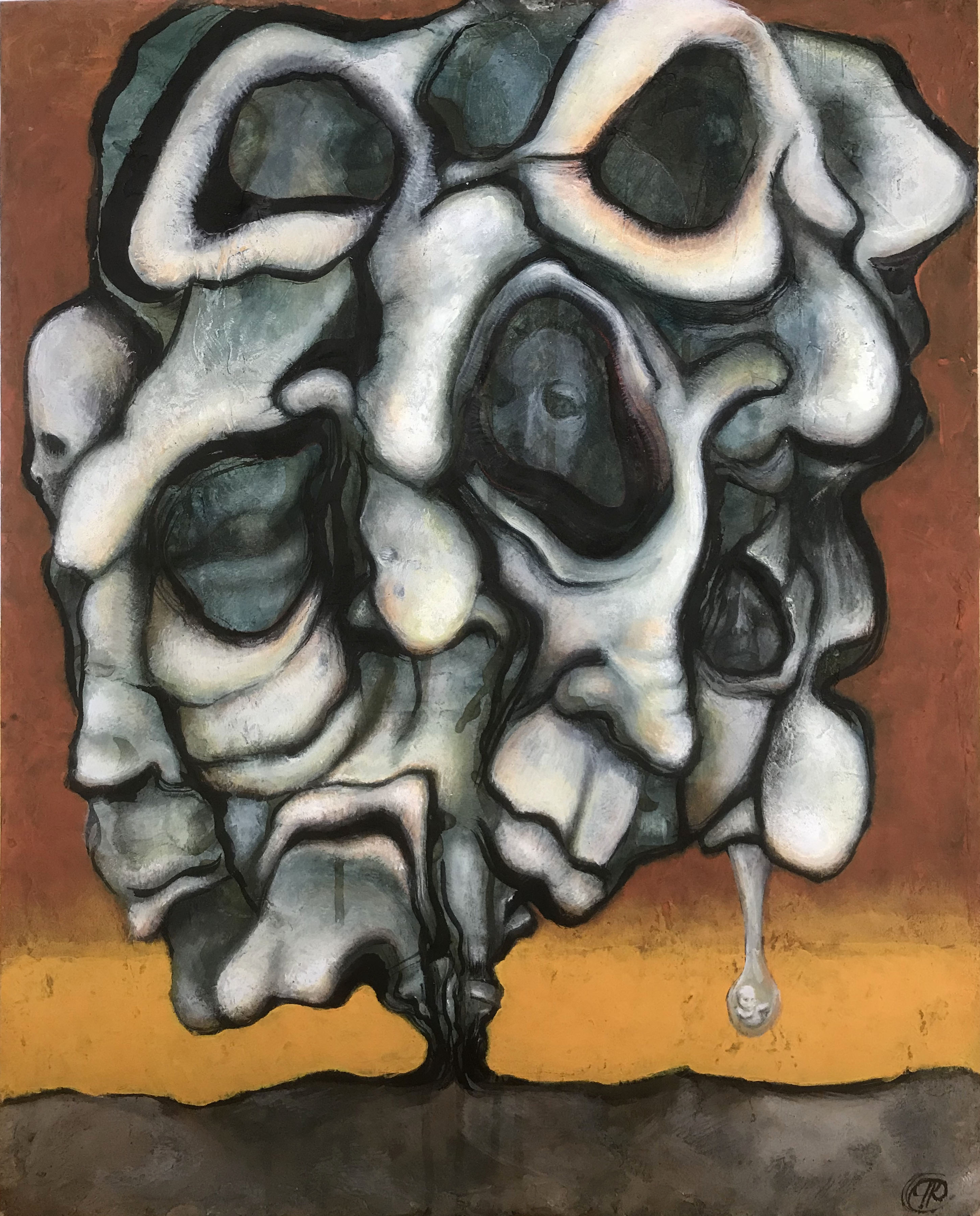 Art: mass of dark grey and black faces rising out of the earth