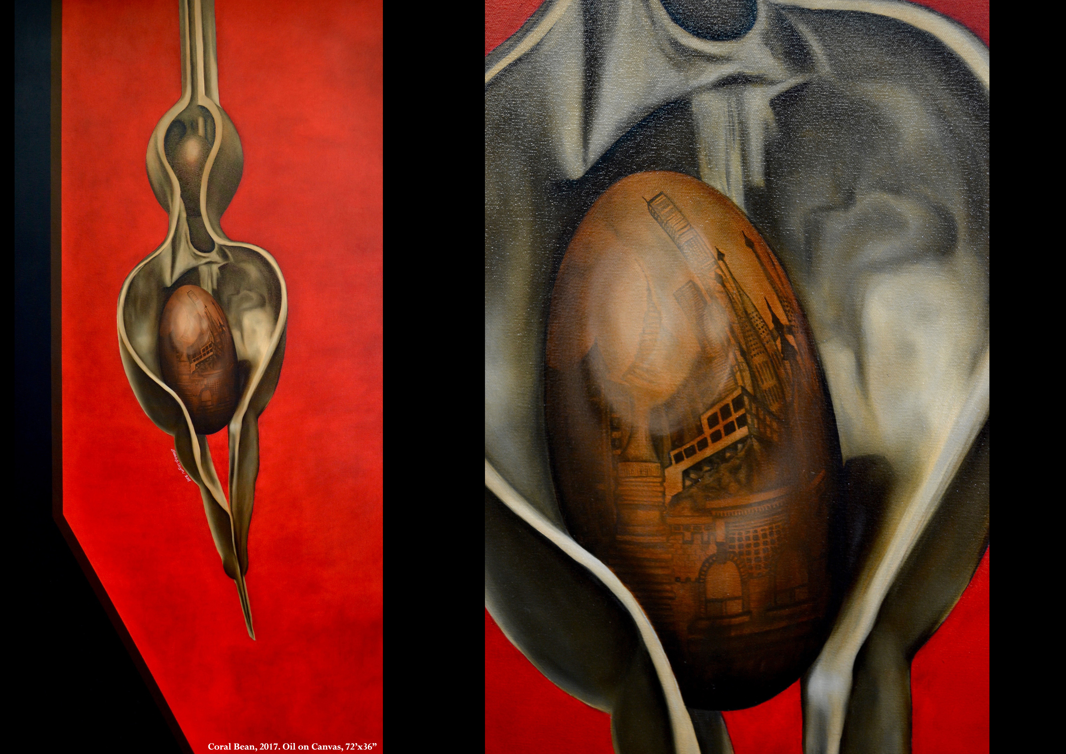 Art: full image and close-up of coral bean, and upon the bean there is an image of building