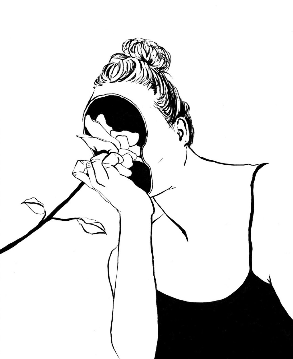 Art: surreal image of a ballerina with an open face placing a rose inside her head